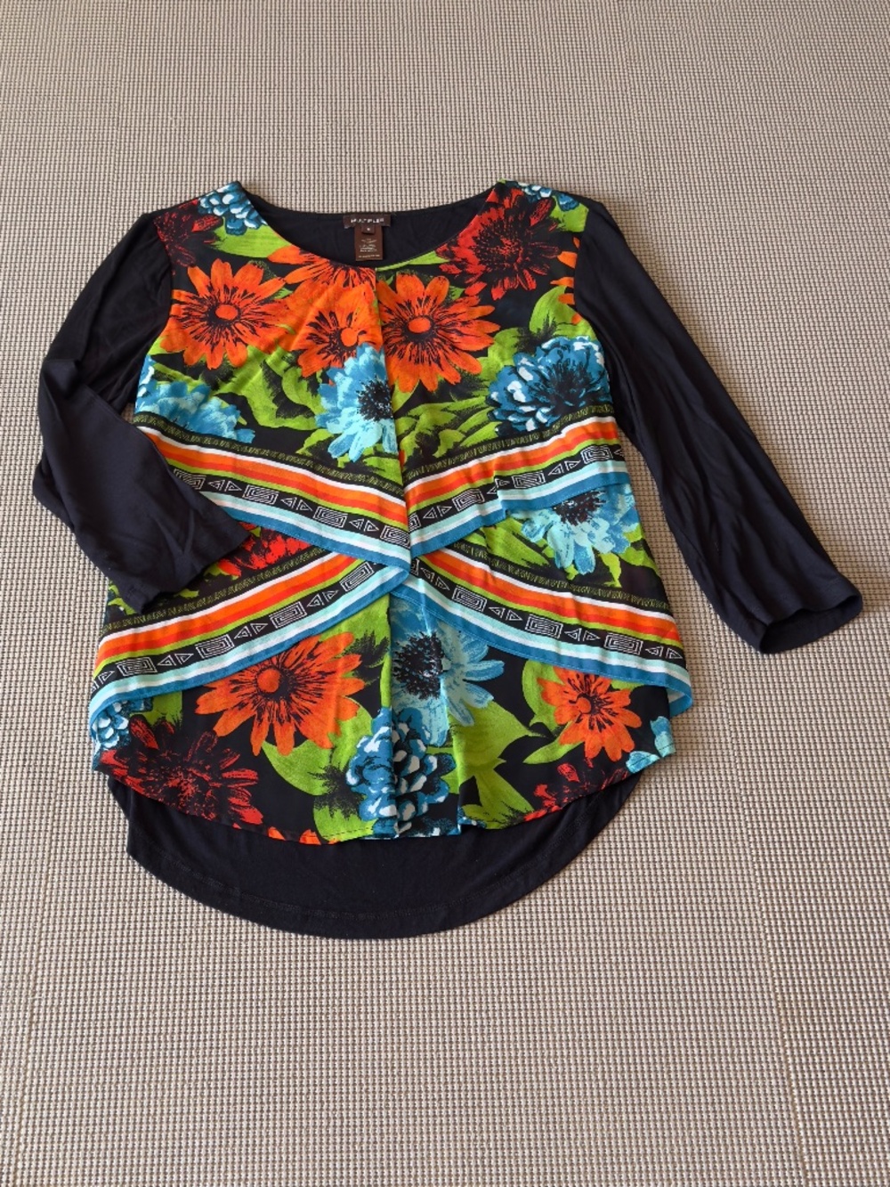 MULTIPLES colorful floral print sheer womanโs blouse long sleeve sz medium